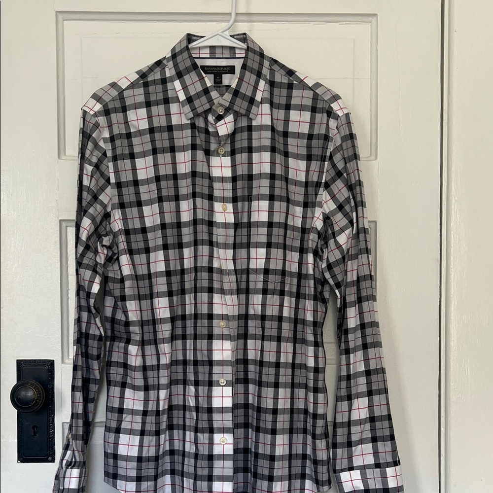 Banana Republic Black, White, and Pink Plaid Dress Shirt